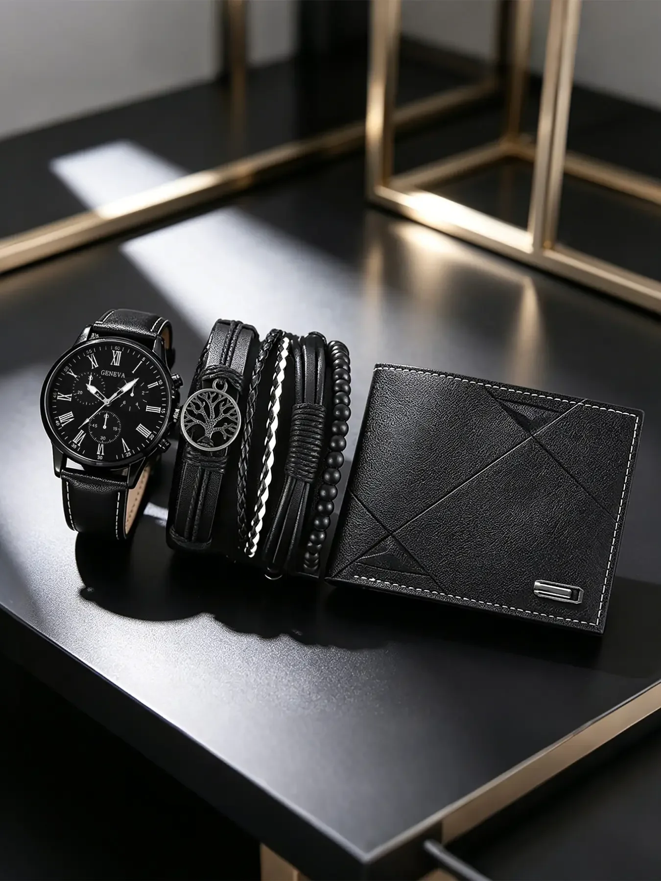 Luxury Men 3Pcs Gift Set Roman Numeral Dial Quartz Watch Leather Bracelet Short Wallet Male Wedding Party Gift