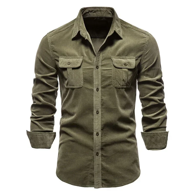 Camisa retrô de veludo de manga comprida masculina, moda, monocromática, lapela de botão, bolso múltiplo, casual para trabalho, outono