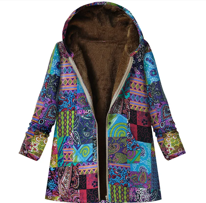 Autumn/ Winter Womens  Cotton And Linen Coat Striped Printed Zipper Hooded Jacket