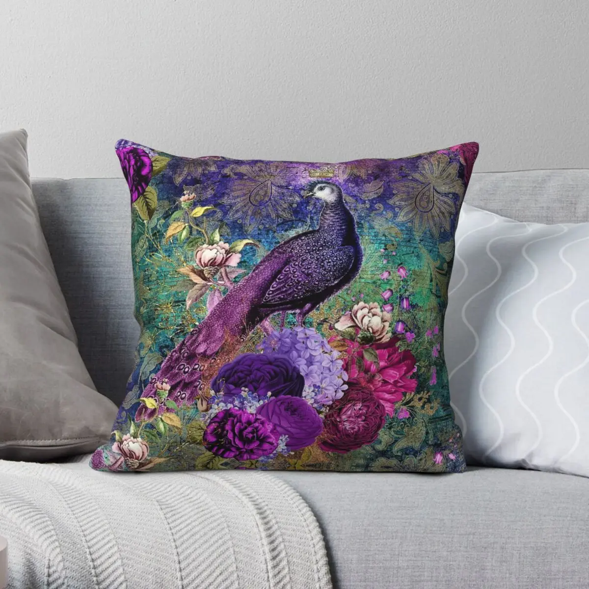 Elegant Purple Teal Peacocks Square Pillowcase Polyester Linen Velvet Printed Zip Decorative Pillow Case Bed Cushion Cover