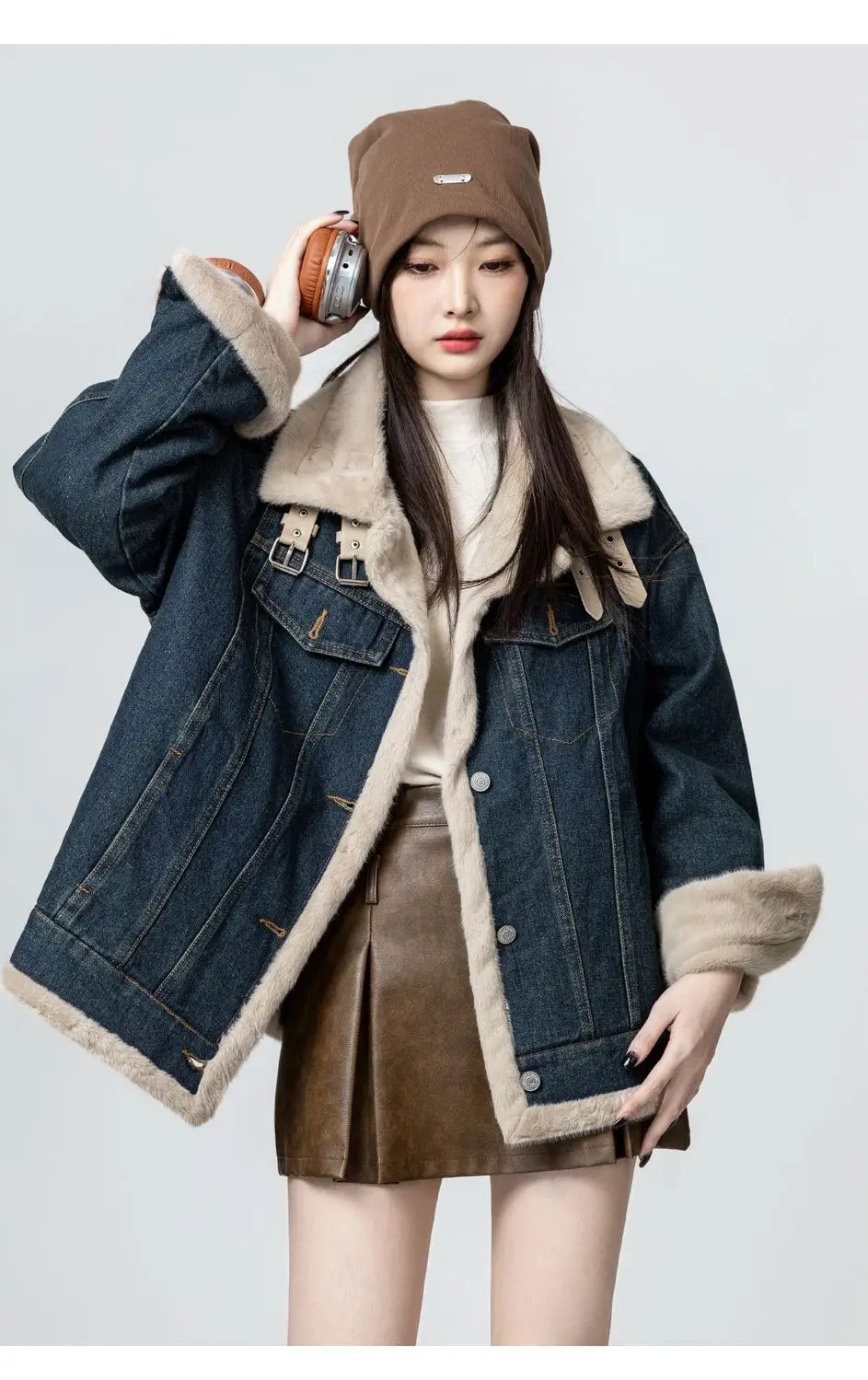 

Denim Coat Leopard Fur Plush Womens Autumn Standneck Minimalist Preppy Style School Patchwork Waistband Easy Fitted Buttoned Y2K