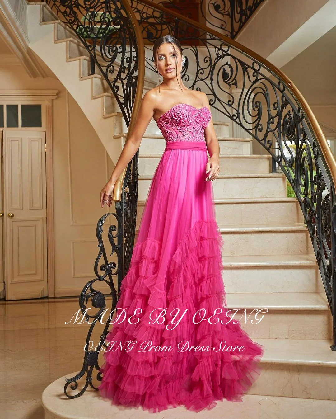 OEING Glitter Hot Pink A Line Prom Dress Elegant Sweetheart Strapless Ruffles Wedding Party Evening Dresses Vestidos De Gala