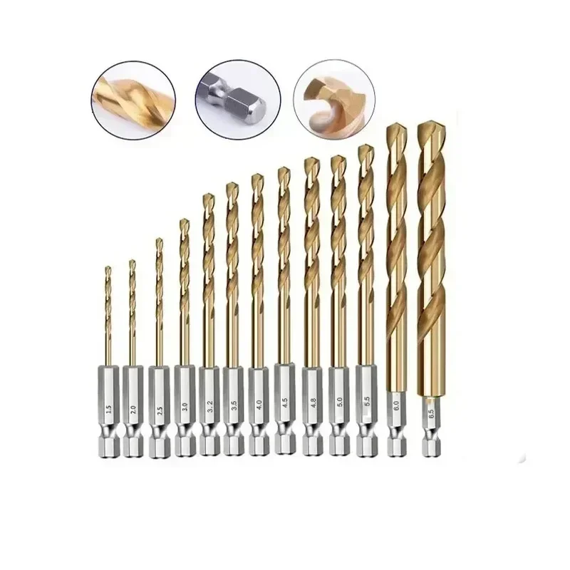 

13 шт. HSS высокоскоростная сталь с титановым покрытием, сверло 1/4 с шестигранным хвостовиком, спиральное сверло 1,5-6,5 мм, открывалка для отверстий для дерева, пластика, алюминия