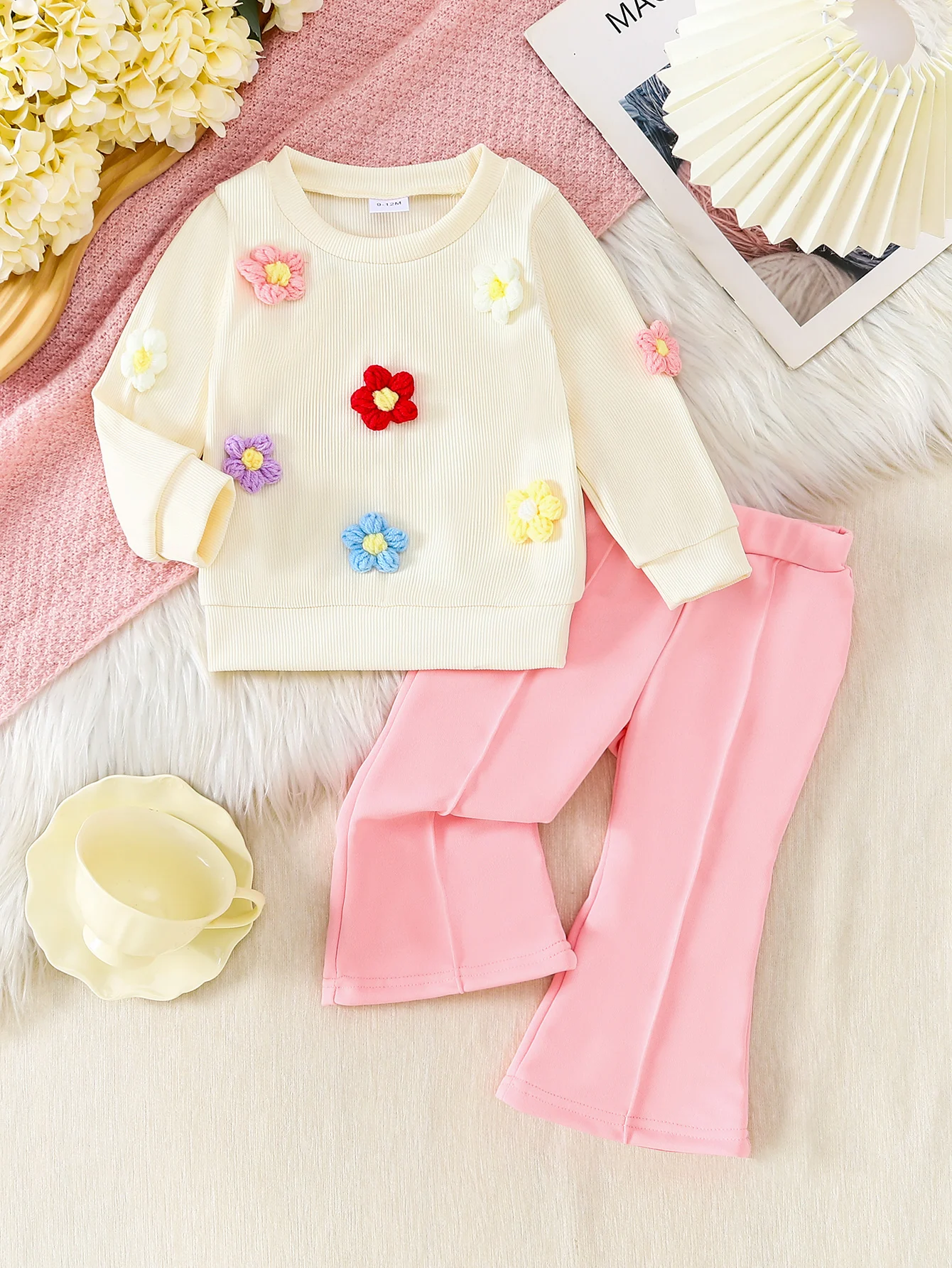 Baby Girl 2Pcs Outfit 3D Crochet Flower Long Sleeve Ribbed Top Pink Flare Pants Toddler Sweet Spring Casual Clothes Set 6M-3Y