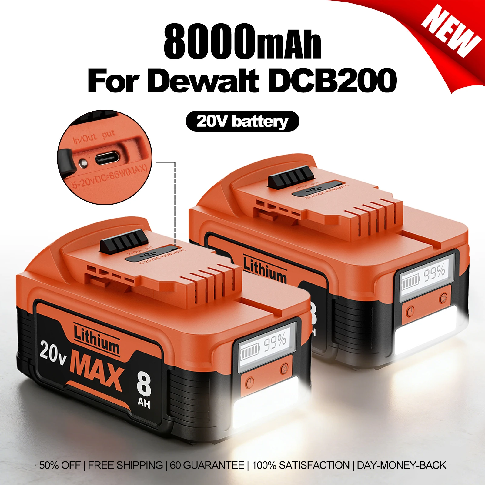 For DeWalt DCB200 20v Battery 8.0Ah High Capacity Rechargeab