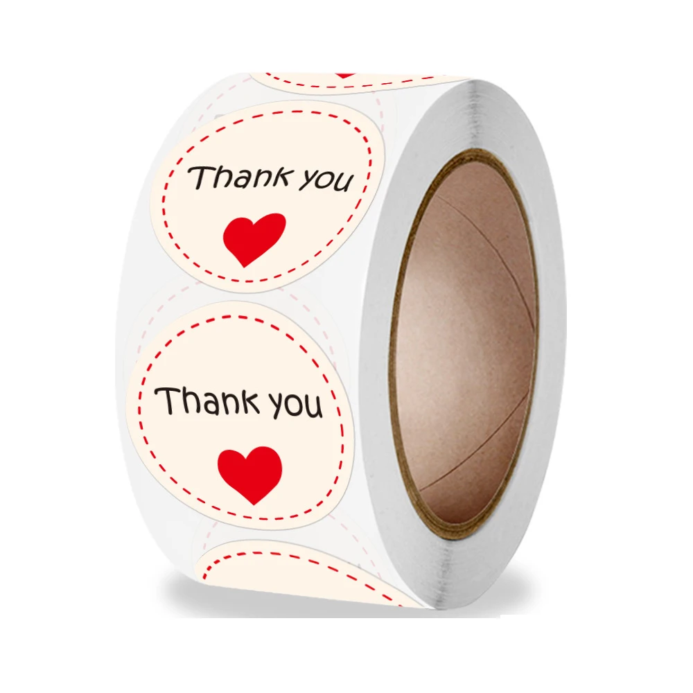 100-500pcs Red Heart Thank You Round Sticker Envelope Seal Sticker Paper Roll Packaging Decoration Stationery Label Stickers