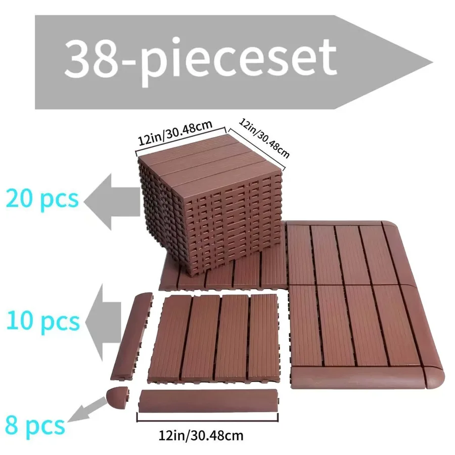 38 Piece Interlocking Patio Decking Set, 12x12inches, Made Of Plastic. The Set Comes With Flooring And Matching Edge Strips And
