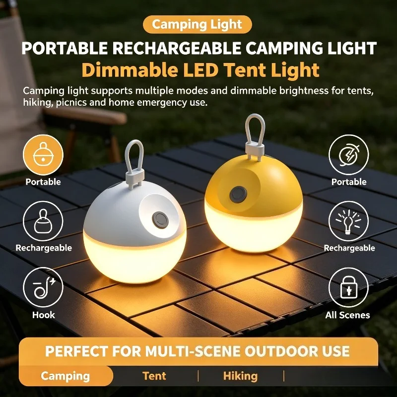 Camping Portable Rechargeable LED Light Dimmable Multiple Modes Tent Lamp Hook for Hiking Outdoor Outdoor Lantern Emergency Use