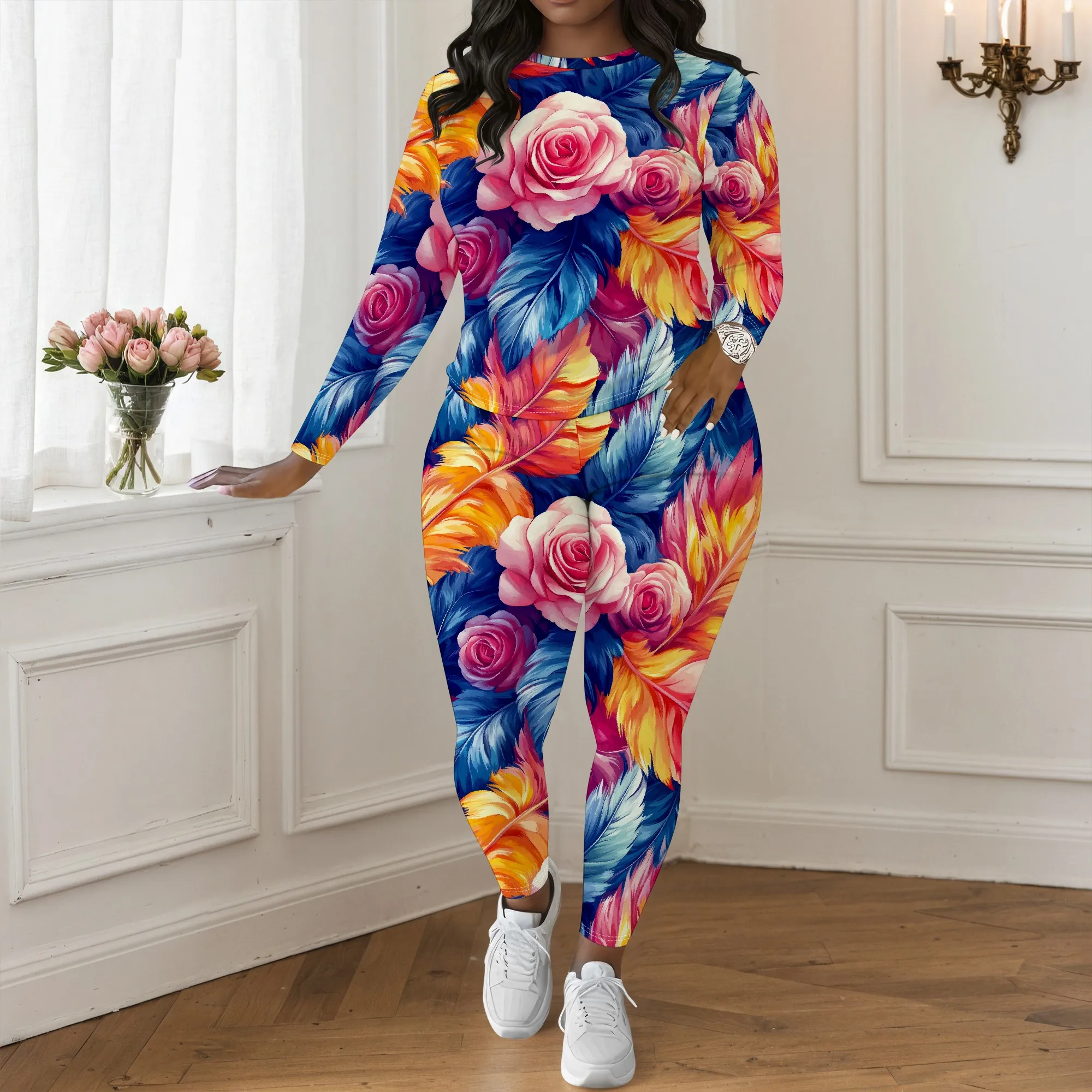 

Women's Long Sleeved Two-Piece Set, 3D Fashionable Printed Pattern Long Sleeved Two-Piece Set, Casual And Relaxed Style.