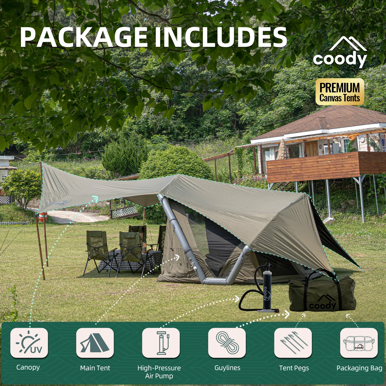 

Havena Air Tent-Army Green Luxury Glamping Unique Outdoor Canvas Tent Family Camping Inflatable Camping Tent