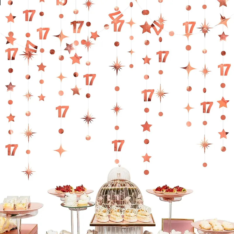 Roségoldene Dekoration zum 17. Geburtstag, Nummer 17, Kreis, Punkt-Stern-Girlande, Banner-Hintergrund für Partyzubehör zum 17. Geburtstag für Mädchen