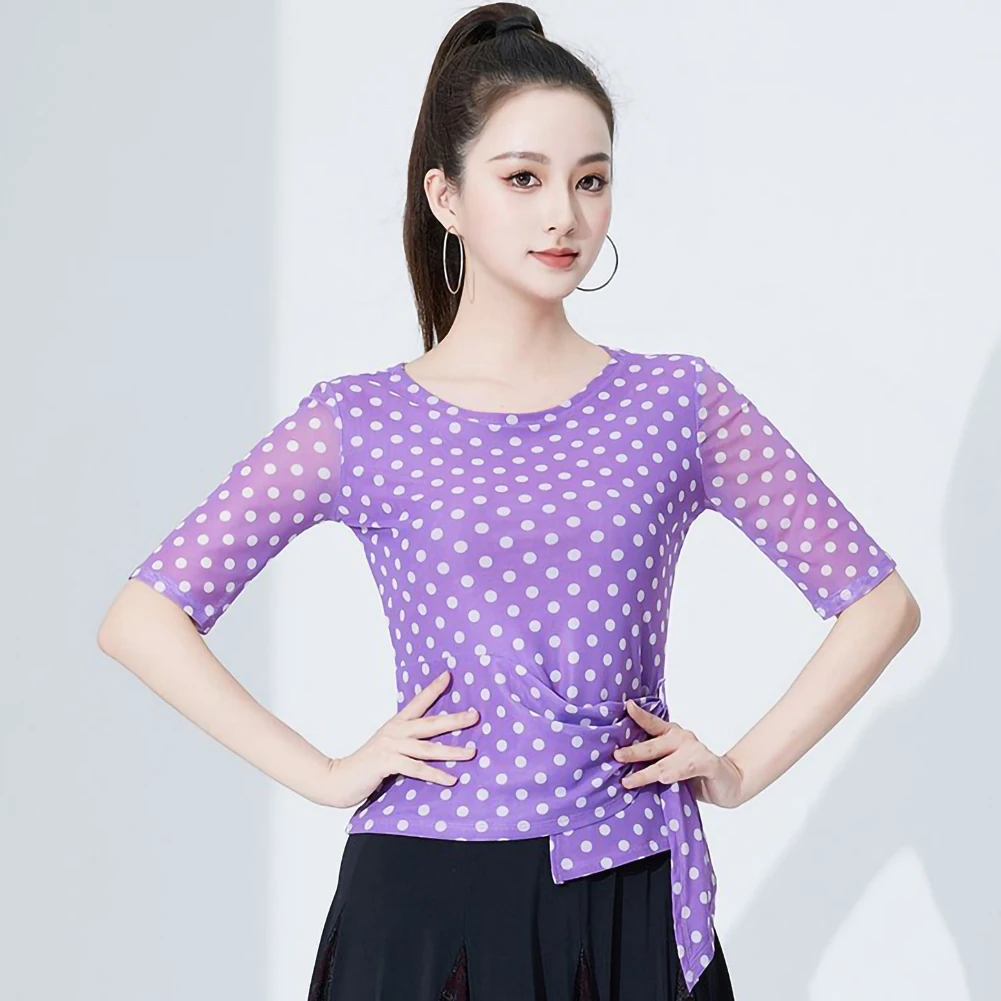 

Practice Clothes Latin Dance Top Short-sleeved Samba Print Ball Slim-fit Black Round Neck Dot Dancing Top