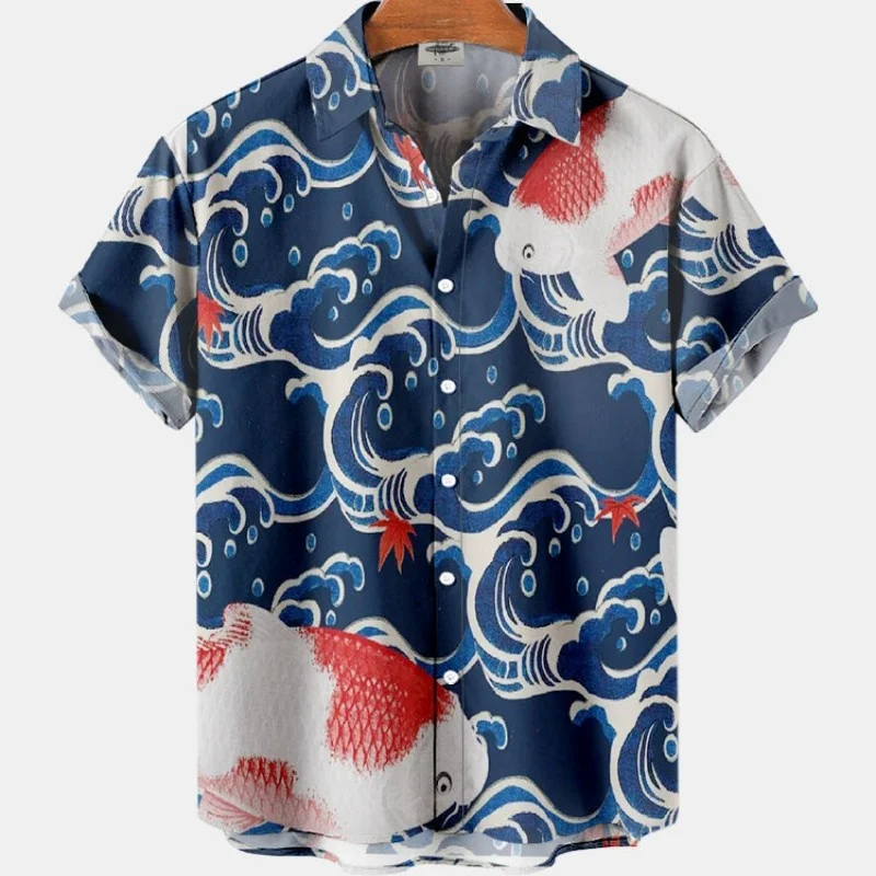 Hawaiian Summer Floral Koi Fish Shirt For Men\'s Casual Social 3D Short Sleeve Street Carp Luxury Outdoor Top Imported Clothing