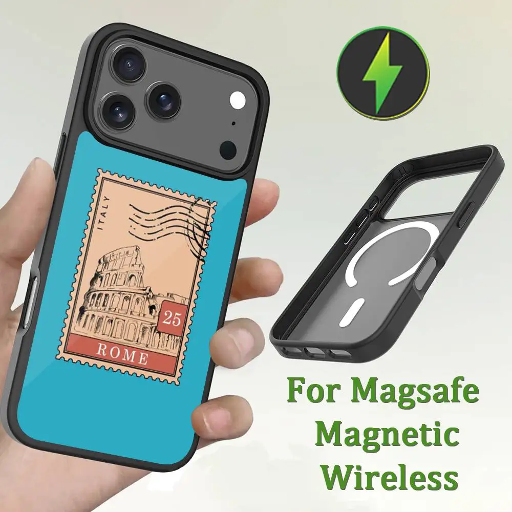 Funda de teléfono con sello artístico de billete de viaje para iPhone 13,12,11,16,15,17,14,Pro,Max,Plus,Mini,Magsafe, carga inalámbrica magnética