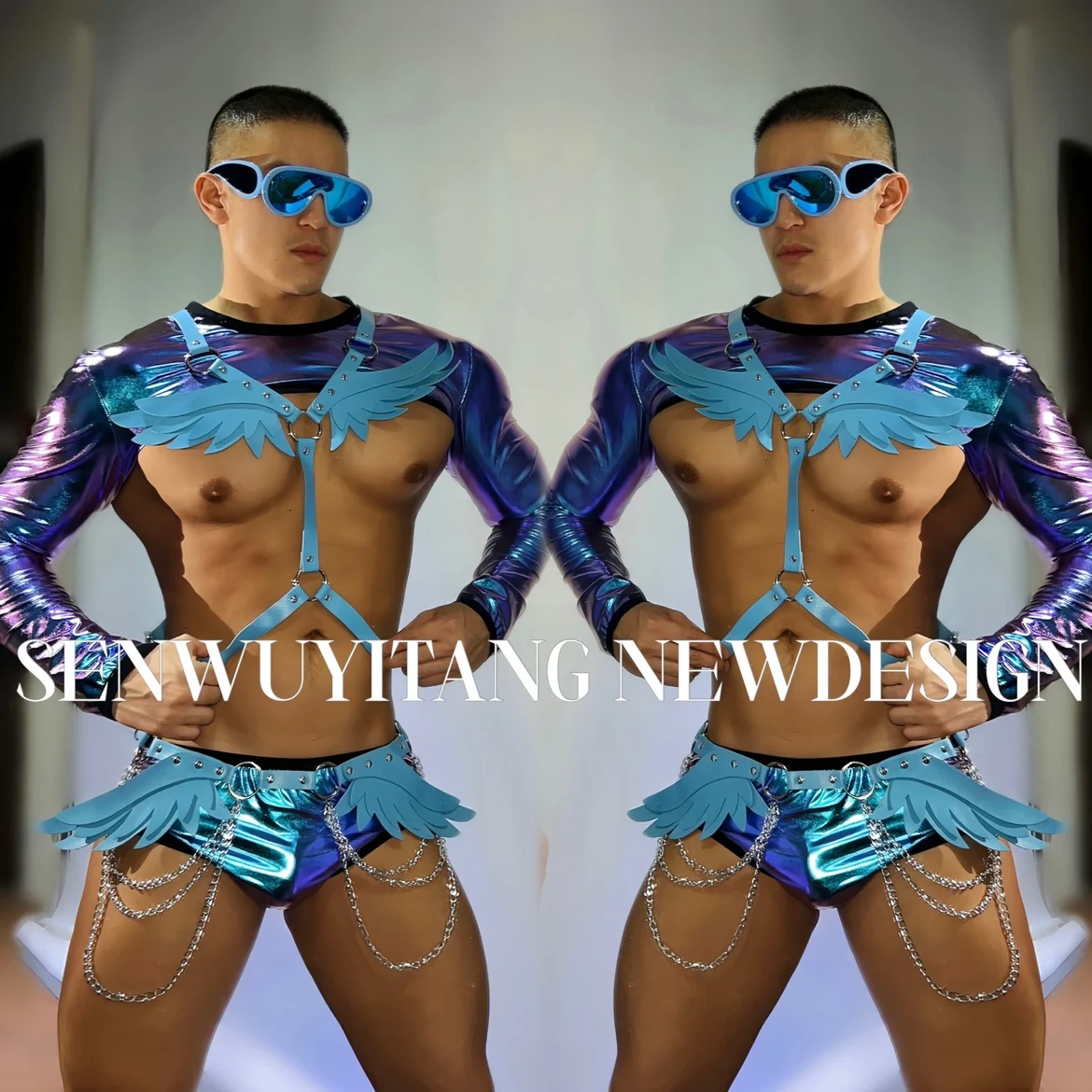 Nightclub Bar Laser Dance Theme Party Men's and Women's DJ Leading Dance Future Style Fantasy Wings Performance Clothing Set