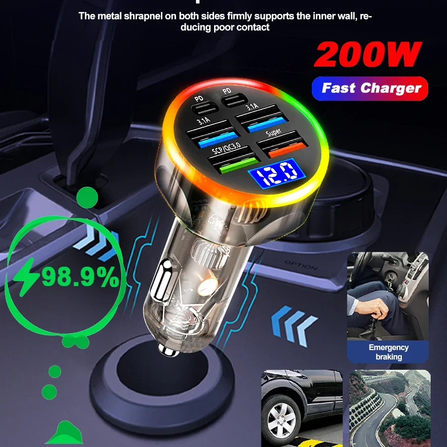 200W Car Charger 6 Ports Fast Charging with Digital Display PD QC3.0 USB C Quick Charging Adapter for IPhone Samsung Xiaomi Amag