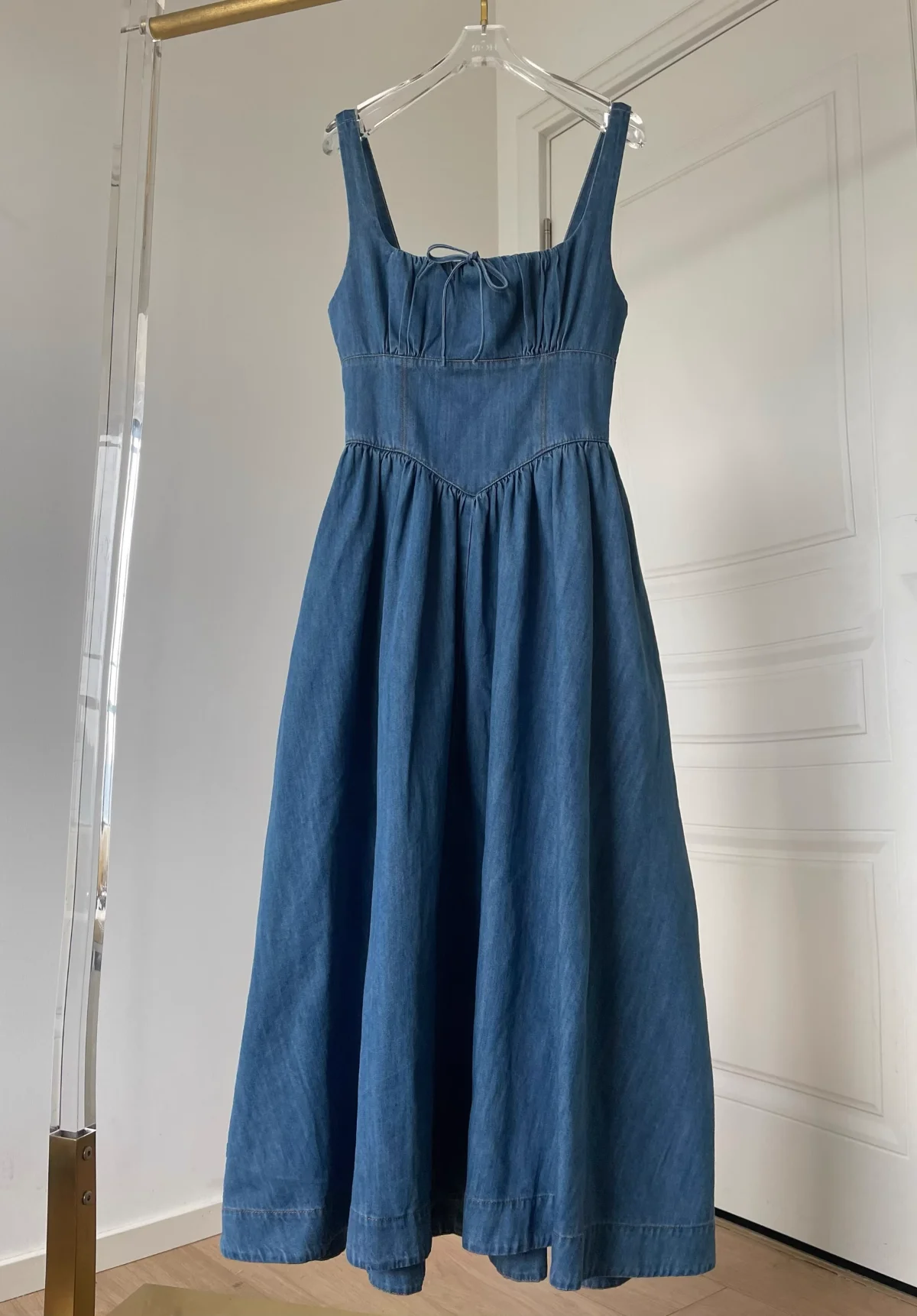 

Women Denim Long Dress Square Collar Sleeveless High Waist Casual Female Robe