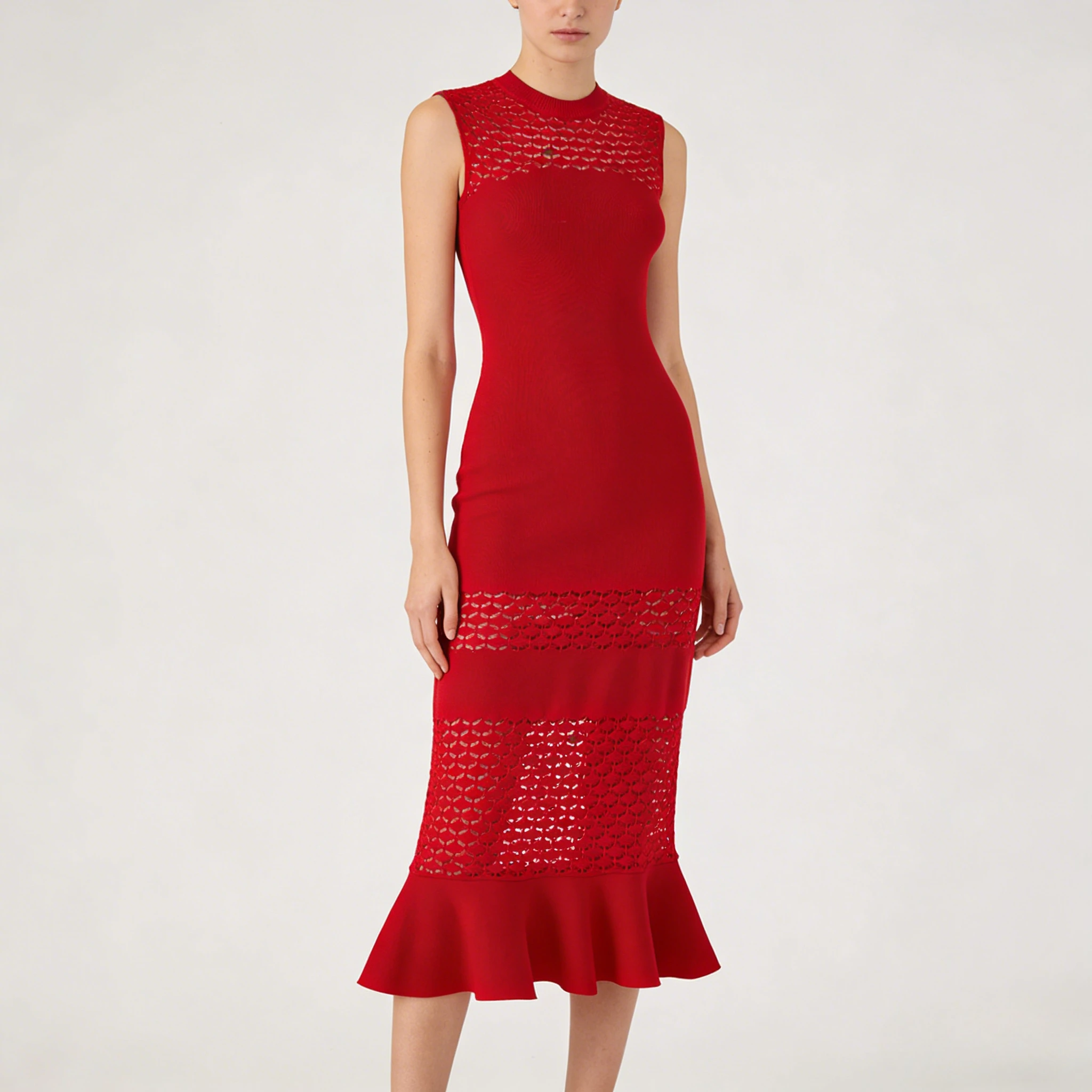 

Красное трикотажное платье-русалка без рукавов с круглым вырезом, облегающее, с вырезами, в модном стиле, с эффектным дизайном