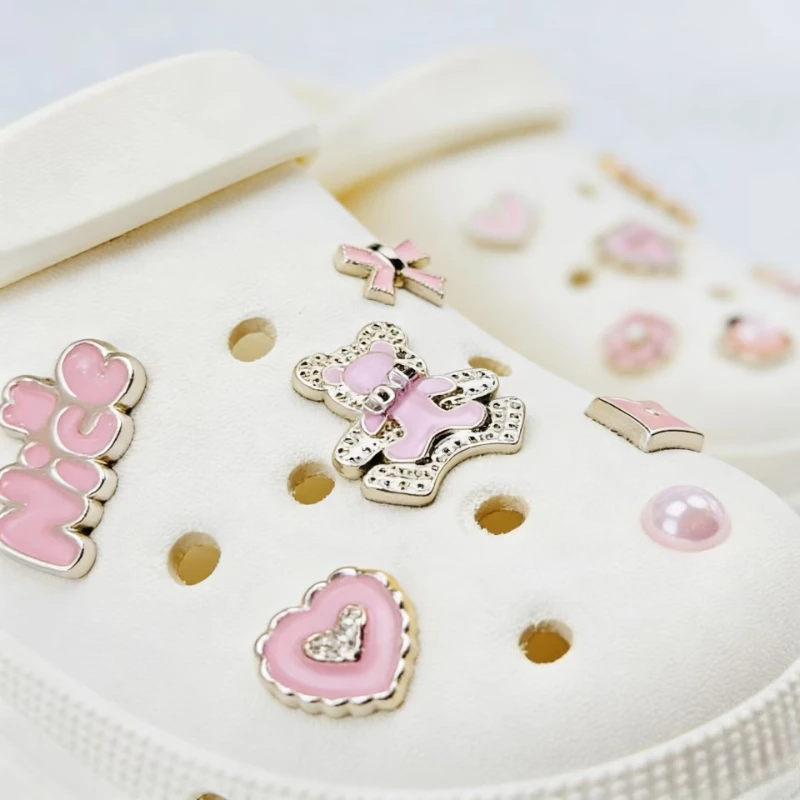 12Pcs Pink Shoe Charms Set Creative DIY Shoe Flower Pearl Flower Flower of Love Detachable Chain buckle Girls Shoe Decoration