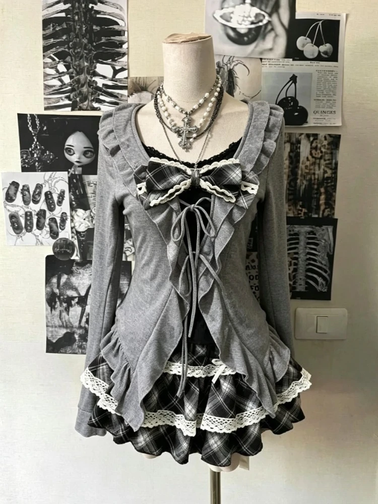 Japanese Lolita Sweet 3 Piece Outfit Hot Girl Casual Short Cardigan Slim Fit Vest Puff Cake Skirt Harajuku Kawaii Suit For Women