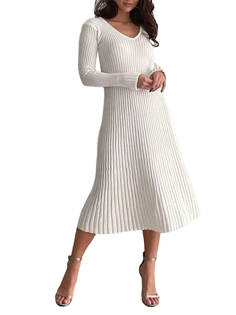 

Elegant Sweater Dress for UK Women Long Women Knit A-line Dress Long Sleeve U Neck Ribbed Spring Fall Long Dress Casual Going