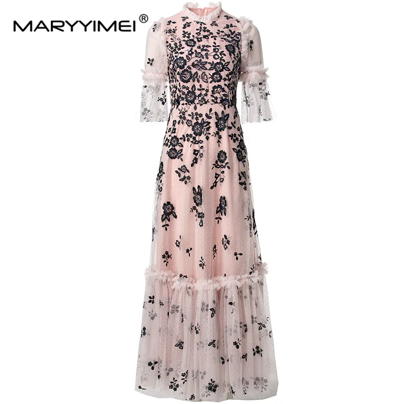 MARYYIMEI Women's Vintage Elegant Dress Flare Sleeved Embroidery Design Edible Tree Fungus Edge Fashionable S-4XL Dresses