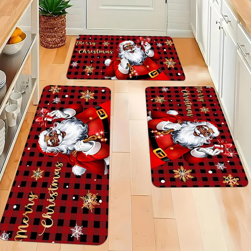 VIKAMA Christmas Red Black Plaid Santa Snowflake Kitchen Rug Set Non Slip Washable Floor Mat Indoor Holiday Decor