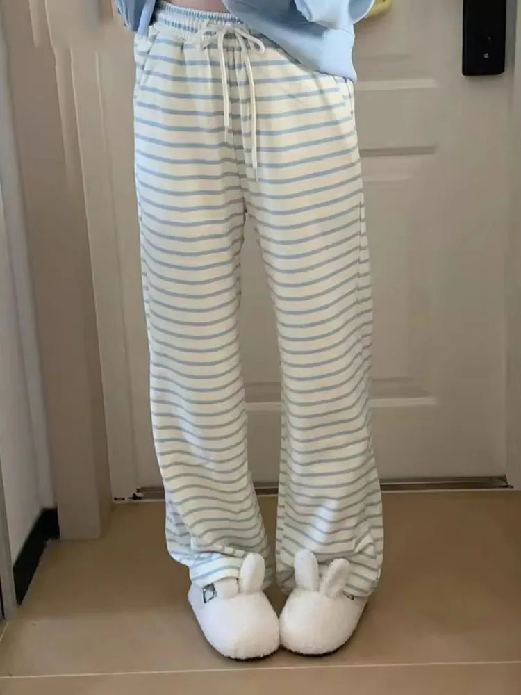 Japanese Cute Striped Long Pants Women Autumn Winter Elastic Waist Straight Casual Versatile Trousers Y2k Streetwear