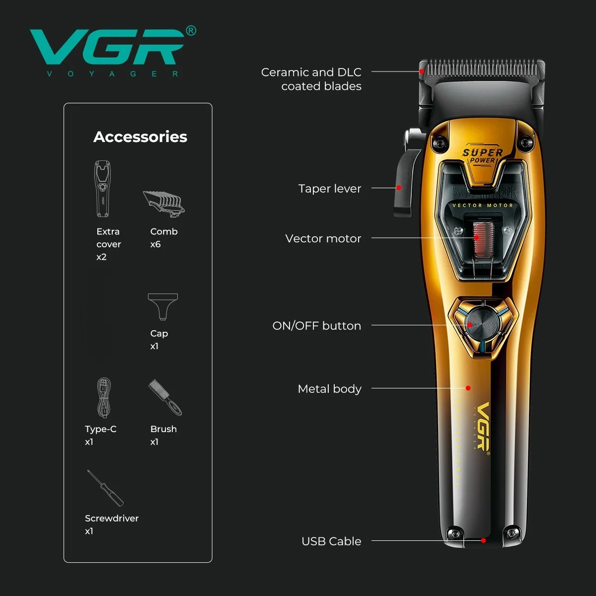 VGR Hair Clipper Professional Hair Cutting Machine Cordless Vector Motor 11000 RPM Trimmer Rechargeable Clipper for Men V-668