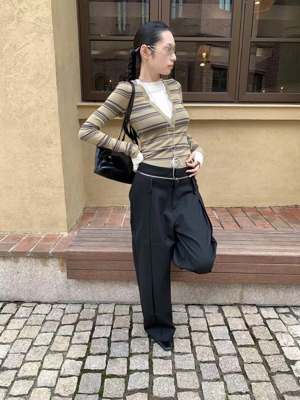 Yedinas مخطط وهمية قطعتين تي شيرت المرأة طويلة الأكمام الكورية موضة مكتب سيدة محبوك القمم الخريف تيز الملابس النسائية #3