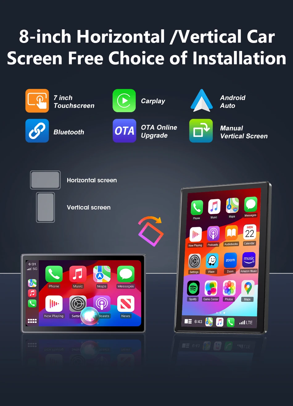 شاشة Carplay 7/8 بوصة لستيريو السيارة، Carplay/Android Auto، شاشة أفقية/رأسية، راديو السيارة الملاحة، صورة المناظر الطبيعية #2