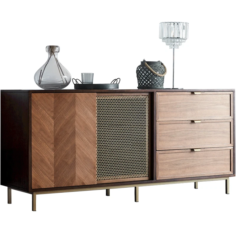 

French Entry Lux Sideboard Modern Minimalist Solid Wood Sliding Door Fishbone Pattern Mosaic Design Tea Cabinet