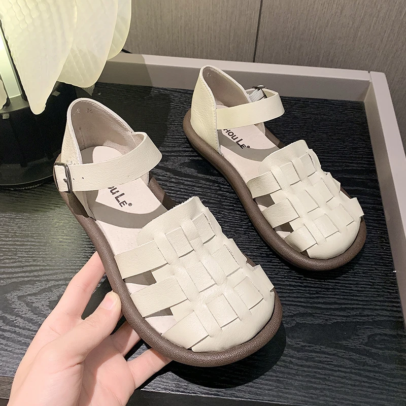 Women\'s Summer Shoes Square Toe Flat Sandals Leather Women Gladiator Sandals Slip on Ladies Beach Shoes Zapatillas De Mujer