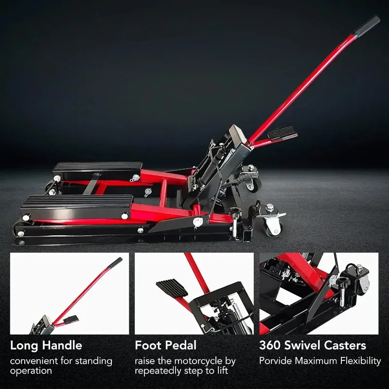 Hydraulic Motorcycle Lift Jack, 1500 Lb. Capacity Scissor Lift Jack, Portable Motorcycle Lift Table with Foot Pad, 4 Wheels and