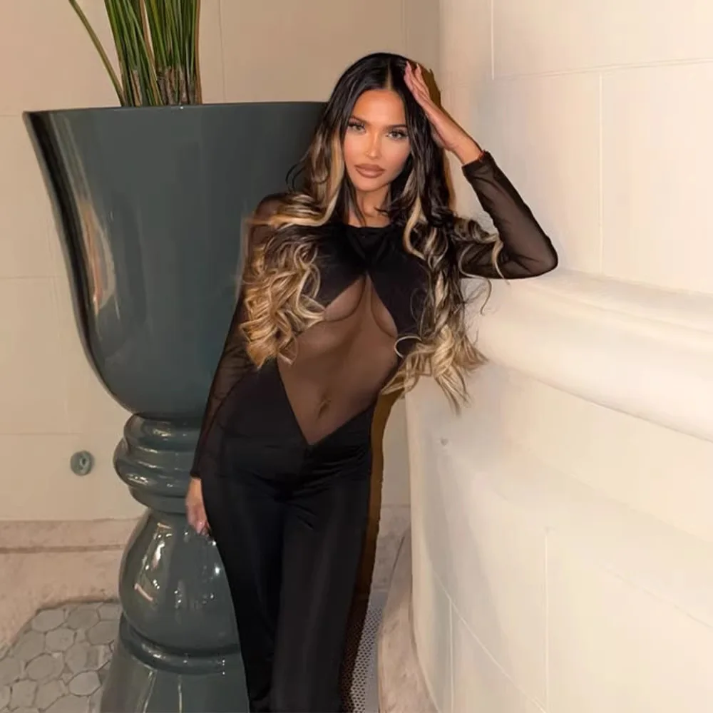 

Прозрачный сетчатый комбинезон с круглым вырезом, облегающий, с длинными рукавами, с вставками, клубный, в европейском стиле, для вечеринок, цельный.