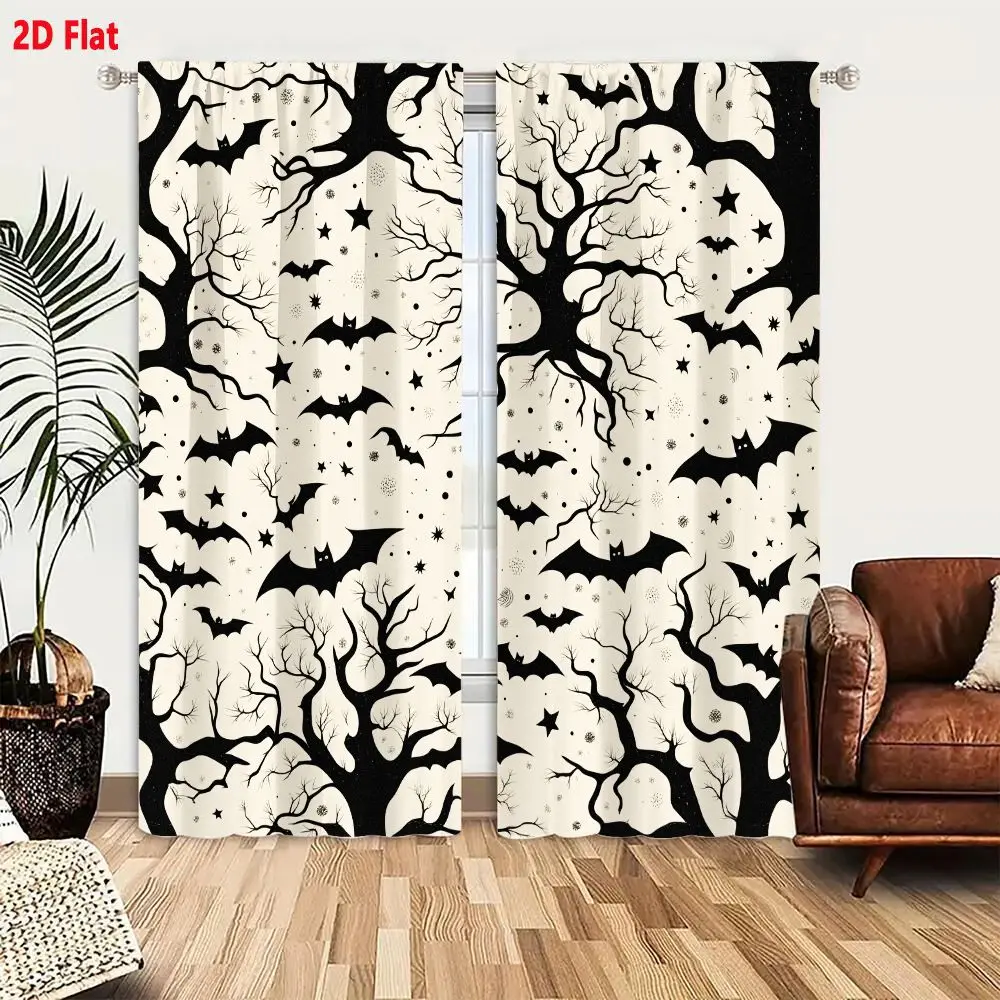2Pcs Curtains 2D Flat Halloween Seamless Pattern With Spooky Trees Bats And Stars On Night Sky Window Drapes for Bedroom Room De