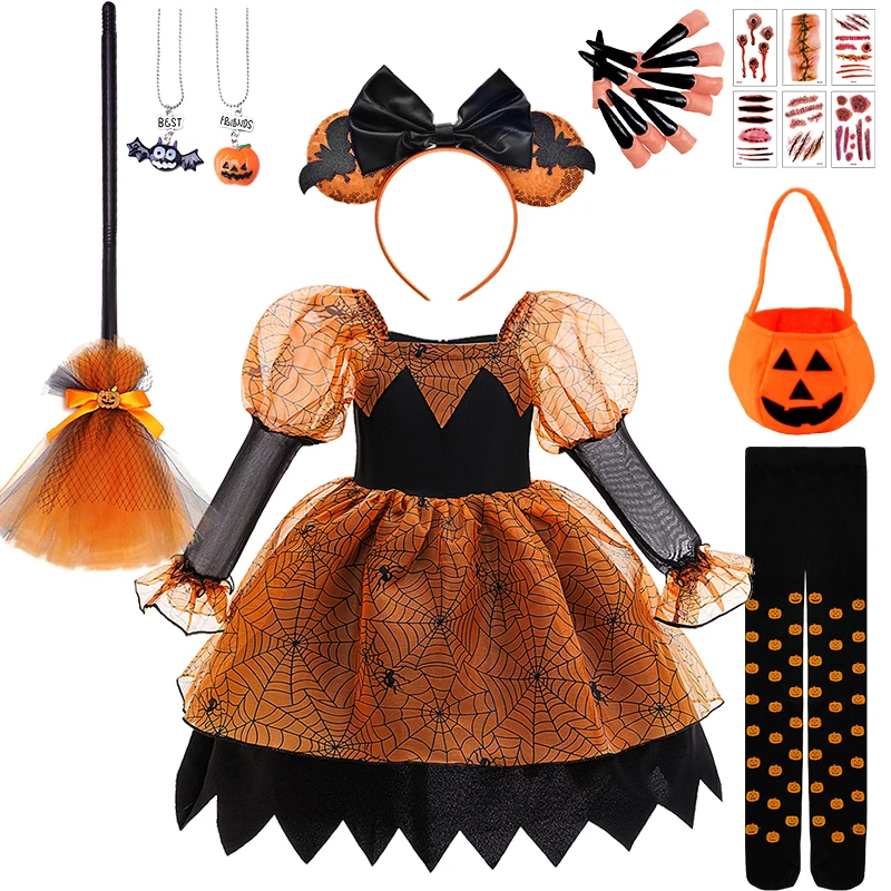 Spider Web Print Puff Sleeve Tulle Tutu Dress for Girls Halloween Cosplay Witch Costume Carnival Party Performance Kids Clothes