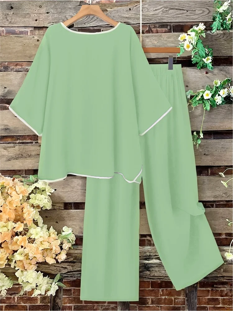 Women's Casual Fashionable Solid Color 2-piece Set Loose Open Split Half Sleeve Top Slim Wide Pants Long Pants Two Piece Outfit