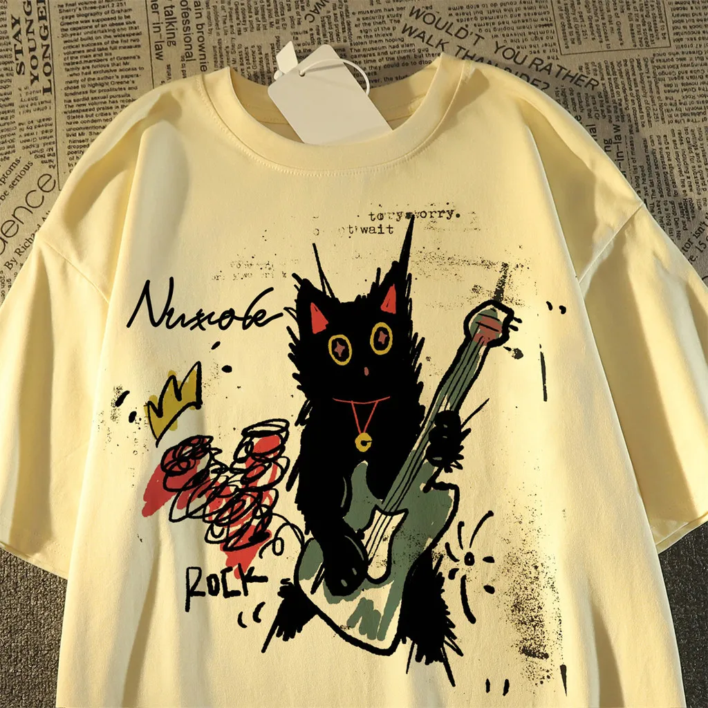 Women's Summer T-shirt Cute Black Cat Guitar Print Short Sleeve Crew Neck Casual Loose Tee Y2K Streetwear Tops
