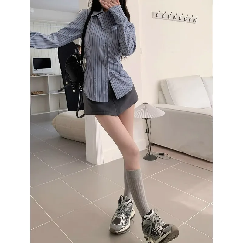Blue Striped Long-sleeved Shirt Spring Autumn Design Slim Waist Top