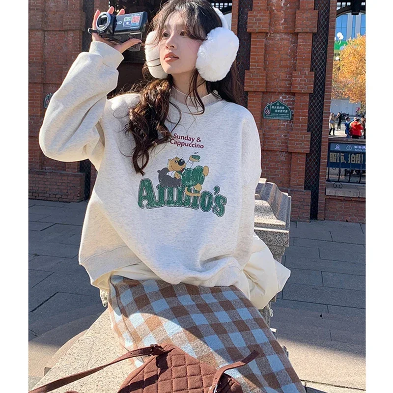 

Letter Cartoon Printing Hooded Pullover Women Vintage All Match Loose O Neck Jumper Top Autumn Casual New Streetwear Sweat Shirt