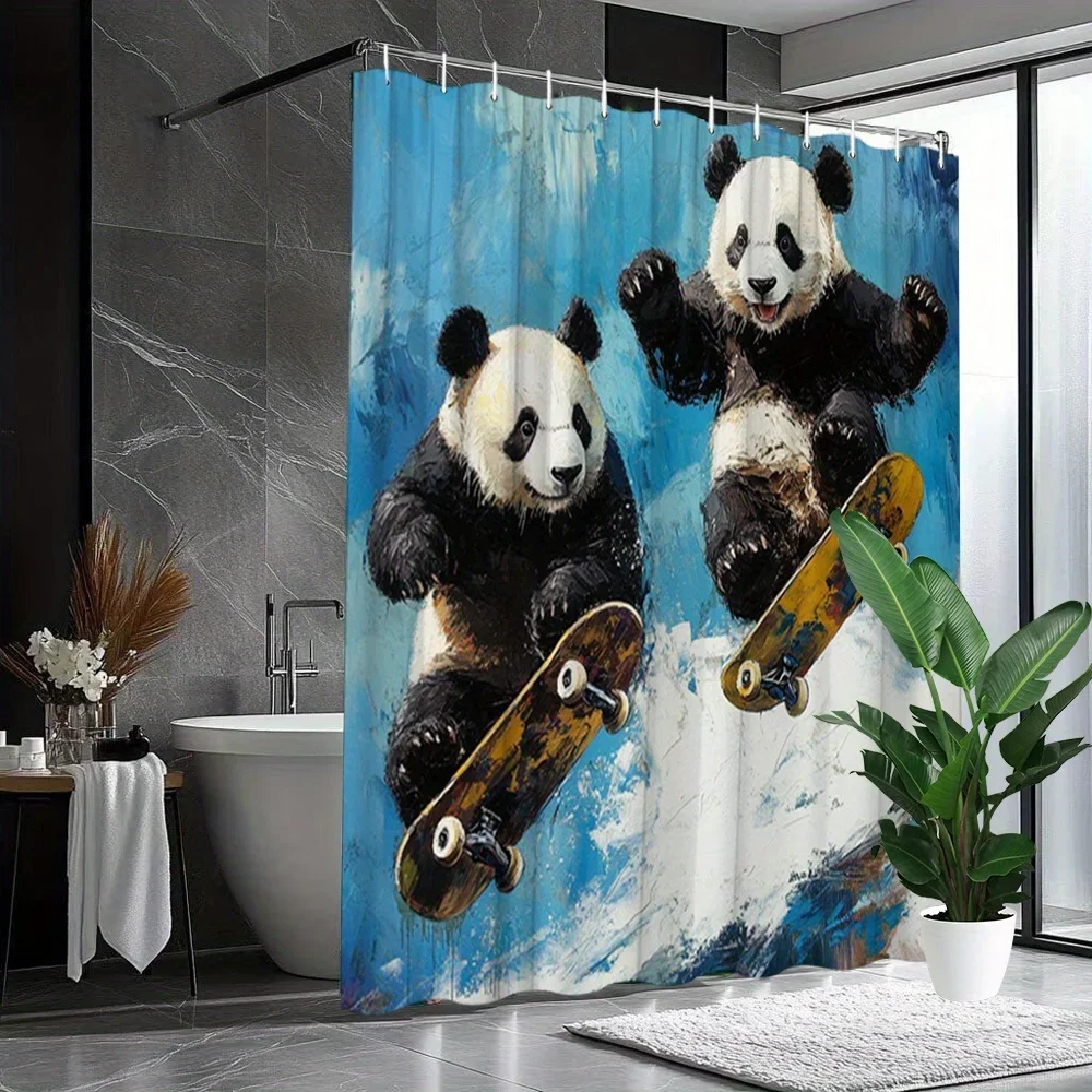 1pc Skateboarding Panda Bears Shower Curtain - Playful Black & White Pandas on Yellow Skateboards with Blue Sky Design, Vibrant