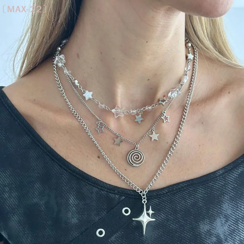 〔MAX-22〕Punk Rock Silver Color Vortex Star Pendant Chain Layered Necklace For Women Men Charms Y2k Grunge Accessories Jewelry
