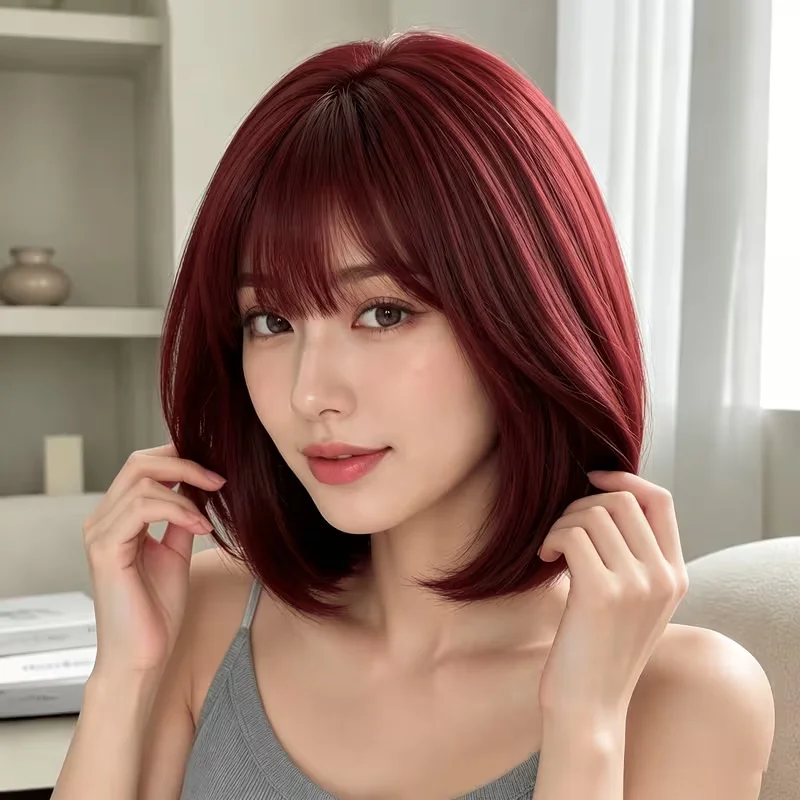 Women's Synthetic Burgundy 12-Inch Wig with Light, Airy Bangs—Perfect for Everyday Wear and Parties