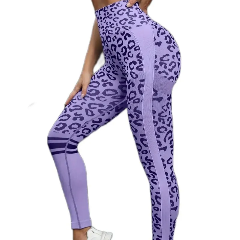 Women Leggings High Waist Leopard Print Yoga Pants Breathable Tummy Control Tights Purple Compression Fit Workout Leggings