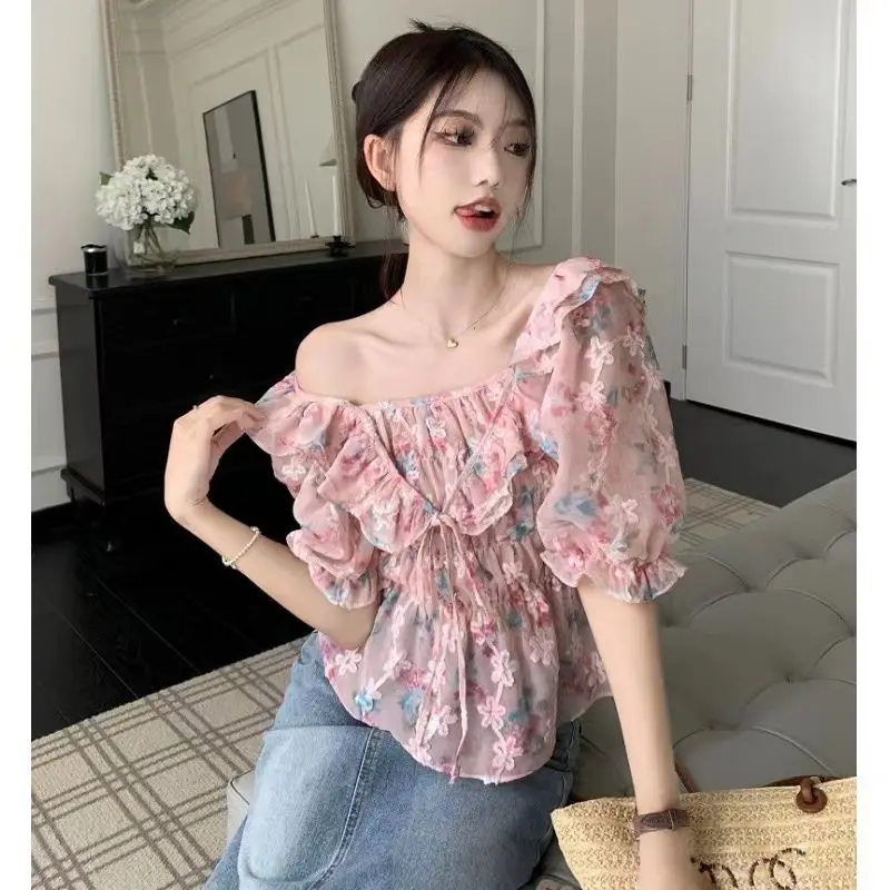 

Summer New Slim Floral Women Shirt Loose Casual Fashion Street Shirt Woman Simple Basic Chicly Puff Sleeve Top Women Clothing