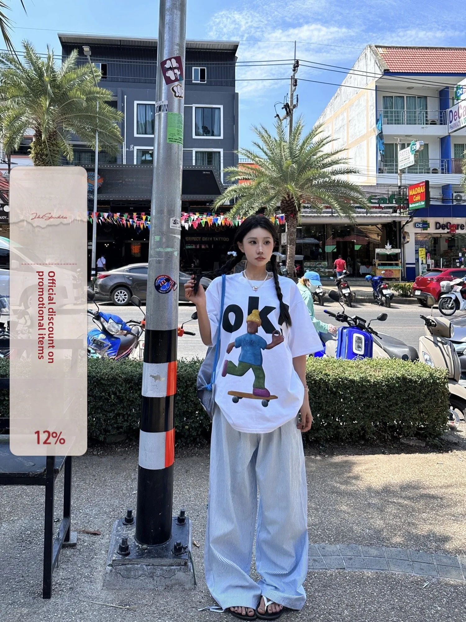 

ZHL Studio American Cartoon Character Skateboard Print ort Sve Loose Women's T-irt f Sve Trendy Top Cotton Polye...