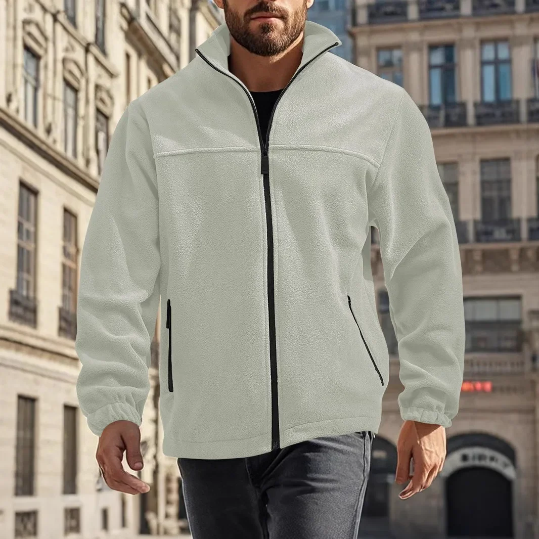 Luxury Mens Fleece Coats Fashion Solid Zip Up Stand Collar Jacket Men Leisure Long Sleeve Loose Outerwear Mens Jacket Black Grey