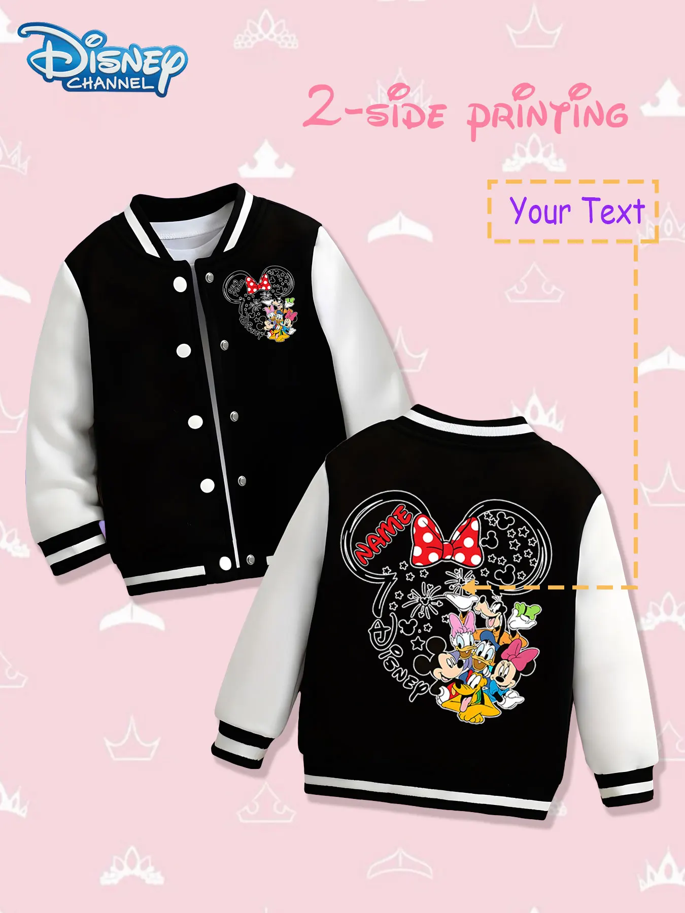 

MINISO Disney Mickey Family Minnie Head Children's Baseball Jacket - Mickey family characters are integrated into the Minnie hea