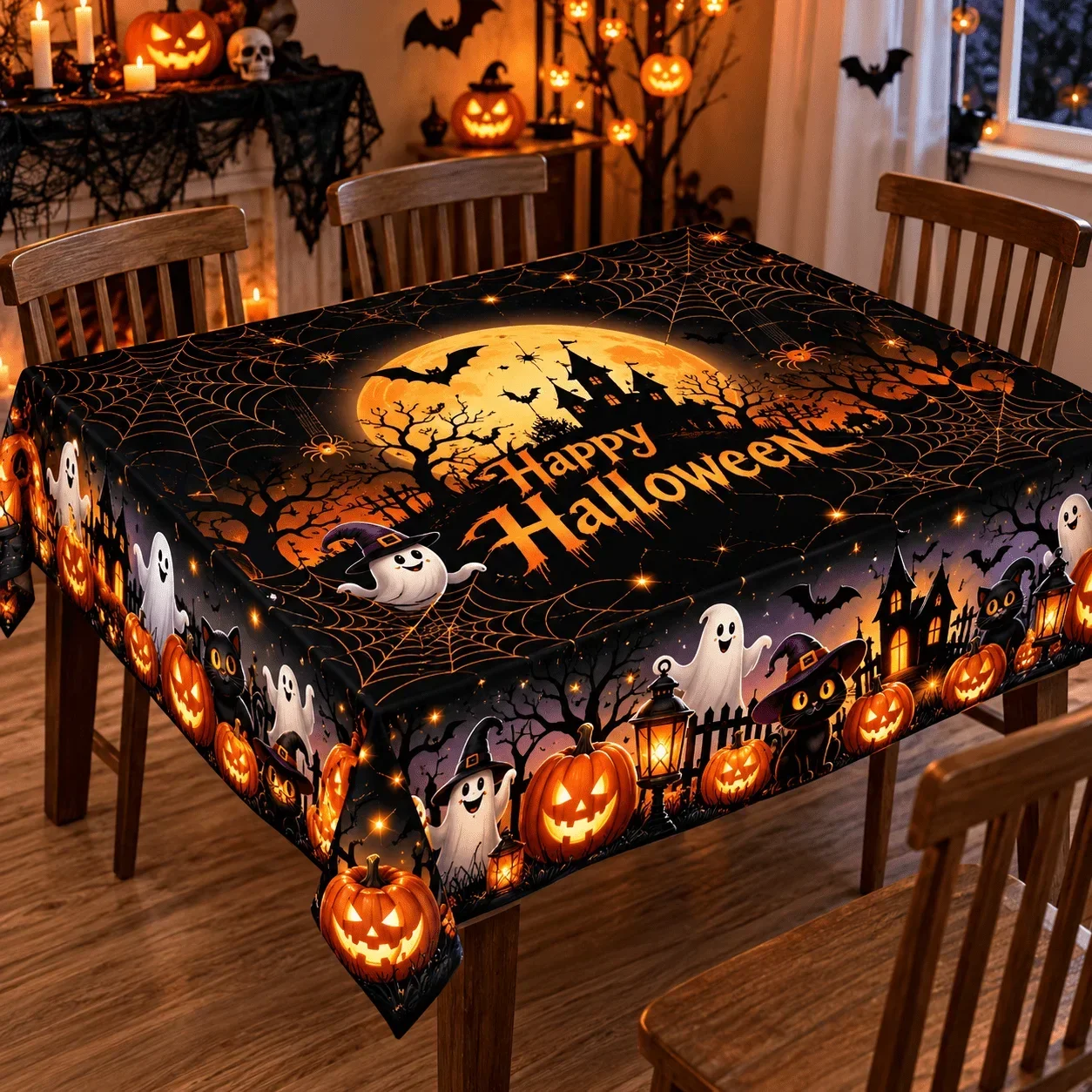 1 Rectangle Tablecloth, Happy Halloween Pumpkin Ghost Castle Pattern Polyester Tablecloth